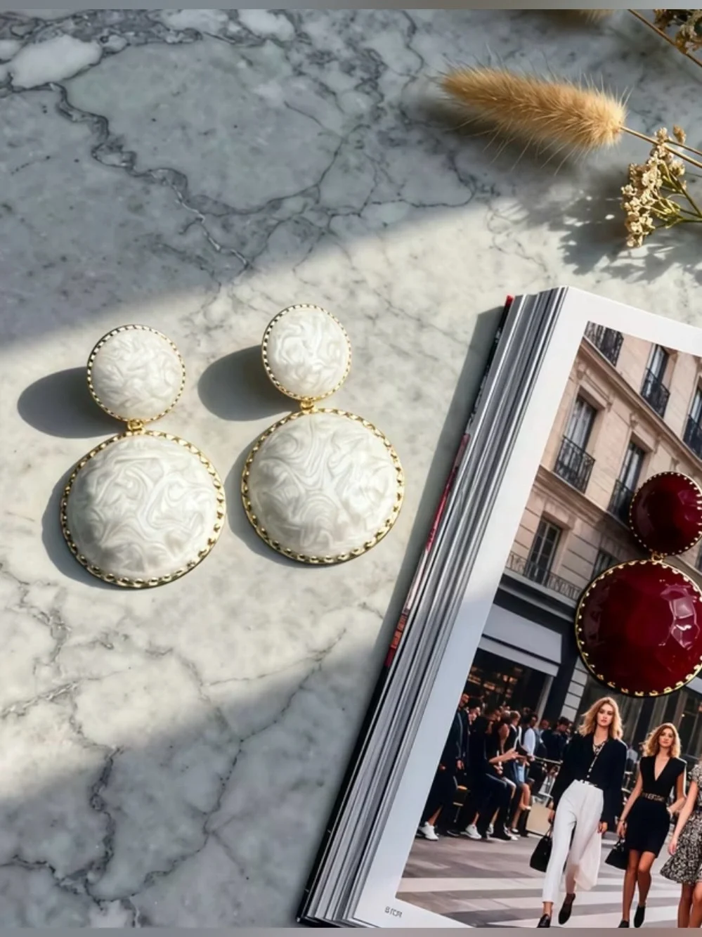 NEW! Round Double-Drop Statement Earrings in Cream and Gold!